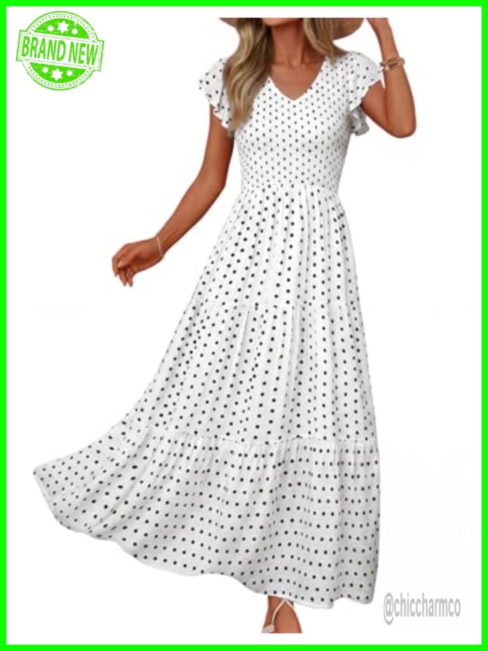 Women's Flutter Sleeve Smocked Midi Dress Casual V-Neck A-Line
